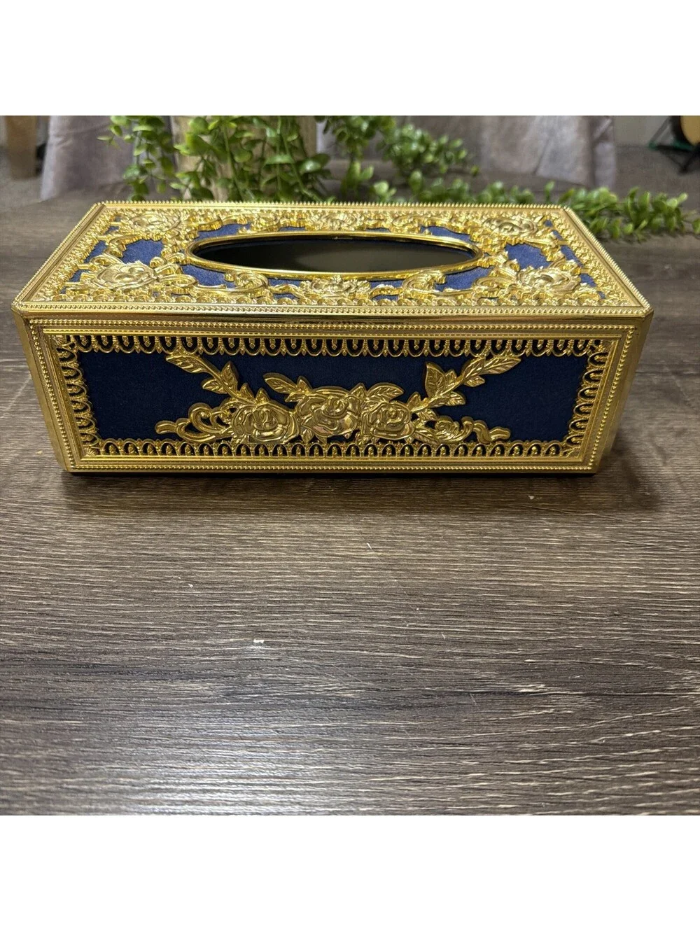 Hollywood Regency Vintage Blue & Gold Ornate Rose Tissue Box Cover Plastic